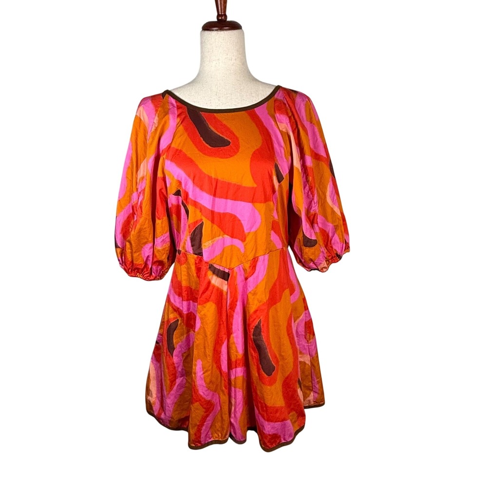 LaRoque Abstract Swirl Mini Dress Womens Medium Orange Pink Retro Puff‎ Sleeve
